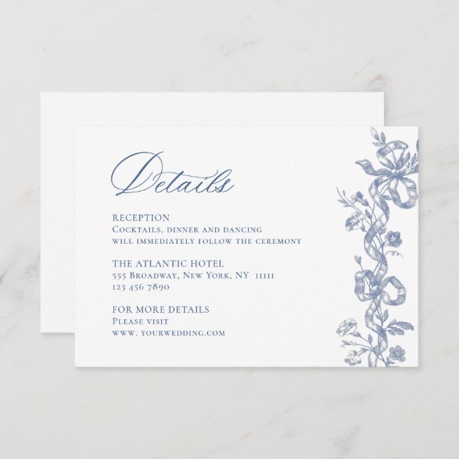 Carte D'accompagnement Elégant Blue French Garden Floral Détails Mariage (Devant / Derrière)