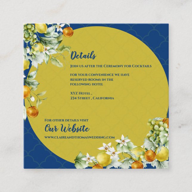 Carte D'accompagnement Elegant Blue Gold Citrus Floral Wedding Details (Devant)