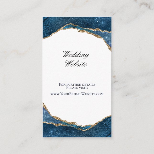Carte D'accompagnement Elégant Blue Gold Foil Agate Mariage Website (Devant)