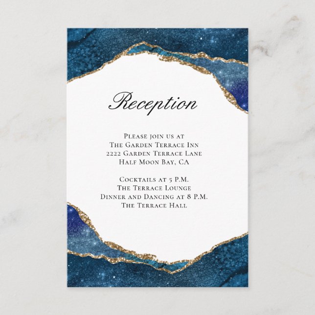Carte D'accompagnement Elégant Blue Gold Foil Agate Réception de mariage (Devant)