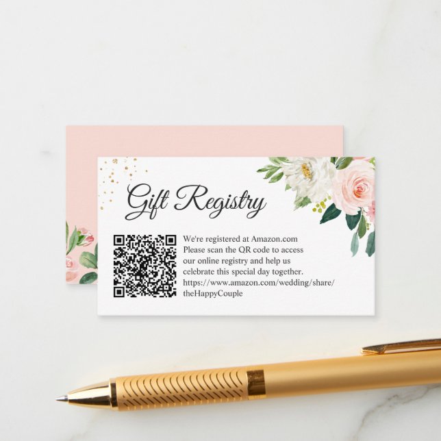 Carte D'accompagnement Élégant Blush Floral Mariage Cadeau registre QR Co (Devant/Arrière en situation)