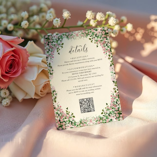 Carte D'accompagnement Elegant Blush Garden Wedding Details with QR code (Créateur téléchargé)