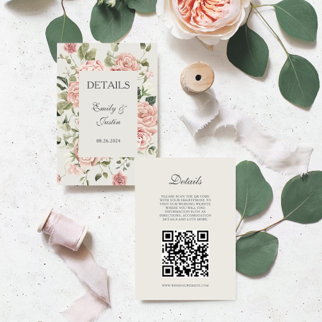 Carte D'accompagnement Elégant Blush Rose Mariage QR code Détails (Créateur téléchargé)