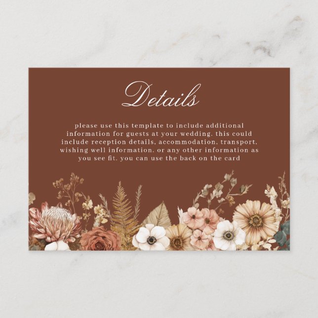 Carte D'accompagnement Elegant Bohemian Floral Wedding Details (Devant)