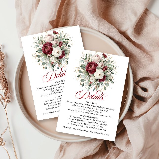 Carte D'accompagnement Élégant Boho Bourgogne Floral Eucalyptus Or (Elegant Boho Burgundy Floral Eucalyptus Gold Details Card)