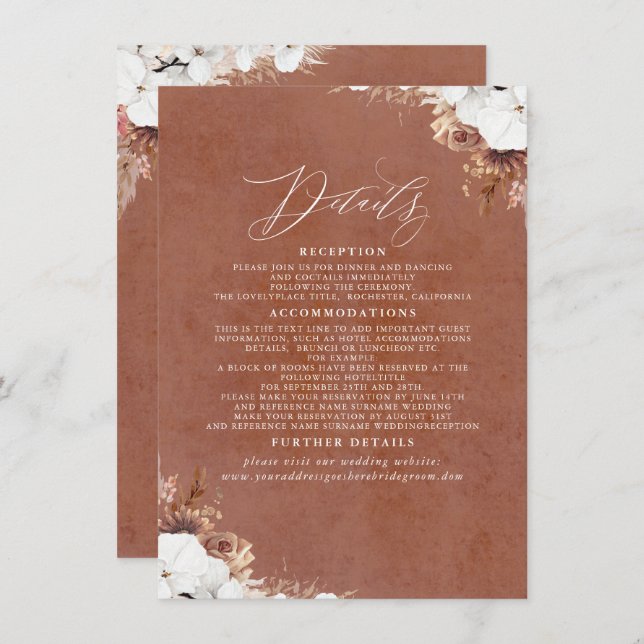 Carte D'accompagnement Elegant Boho exotique Détails du Mariage (Devant / Derrière)