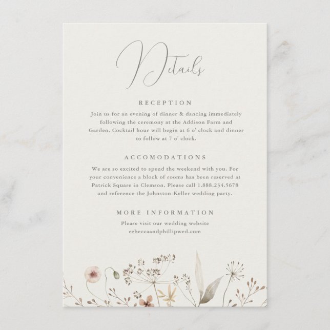 Carte D'accompagnement Elegant Boho Fleur sauvage Détails du Mariage (Devant)