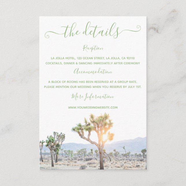 Carte D'accompagnement Elegant Boho Green Joshua Tree Détails du Mariage (Devant)