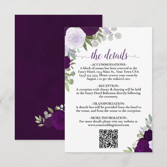 Carte D'accompagnement Elegant Boho violet Rose Détails Mariage QR Code (Devant / Derrière)