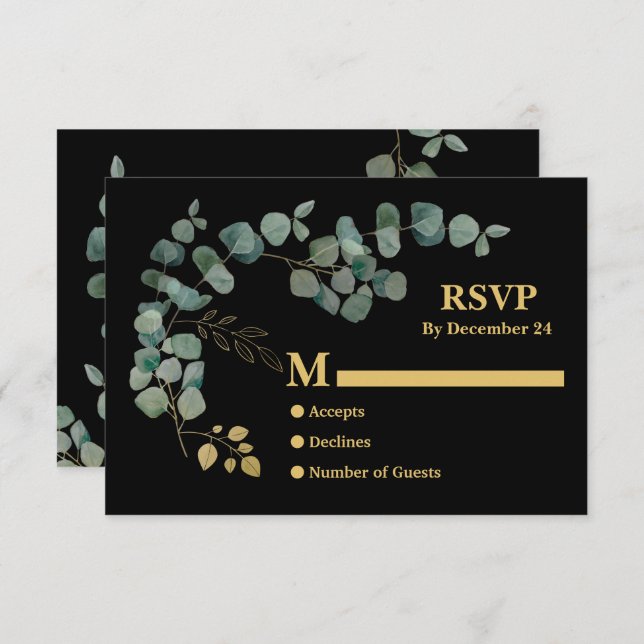 Carte D'accompagnement Elégant boîtier RSVP Eucalyptus Feuille Faux Gold (Devant / Derrière)