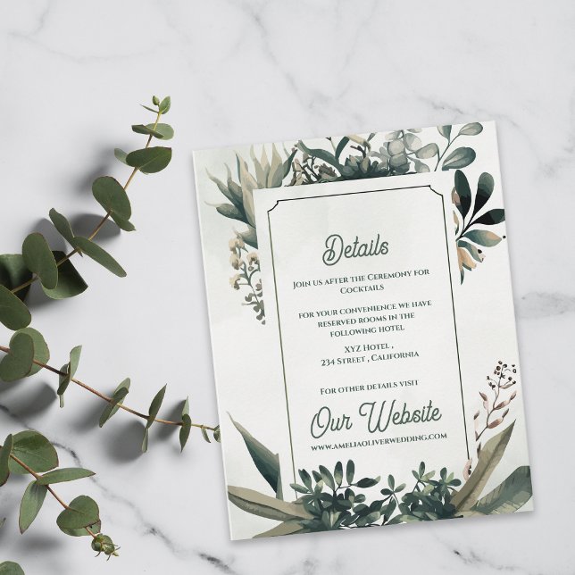 Carte D'accompagnement Elegant Botanical Greenery Wedding Details (Elegant Botanical Greenery Wedding Details Card | Sage Green Garden Wedding Enclosure)