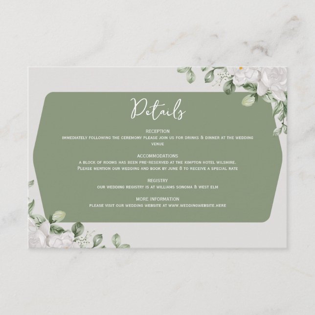 Carte D'accompagnement Elegant Botanical Sage Green White Floral Design  (Devant)