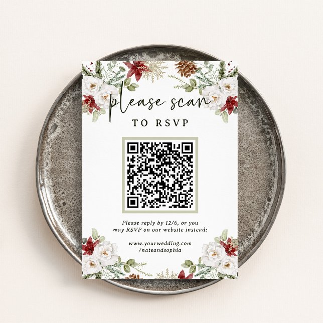 Carte D'accompagnement Elégant Bouquet | Noël RSVP avec code QR (This modern QR code RSVP card insert is so convenient and beautiful for your Christmas wedding!)