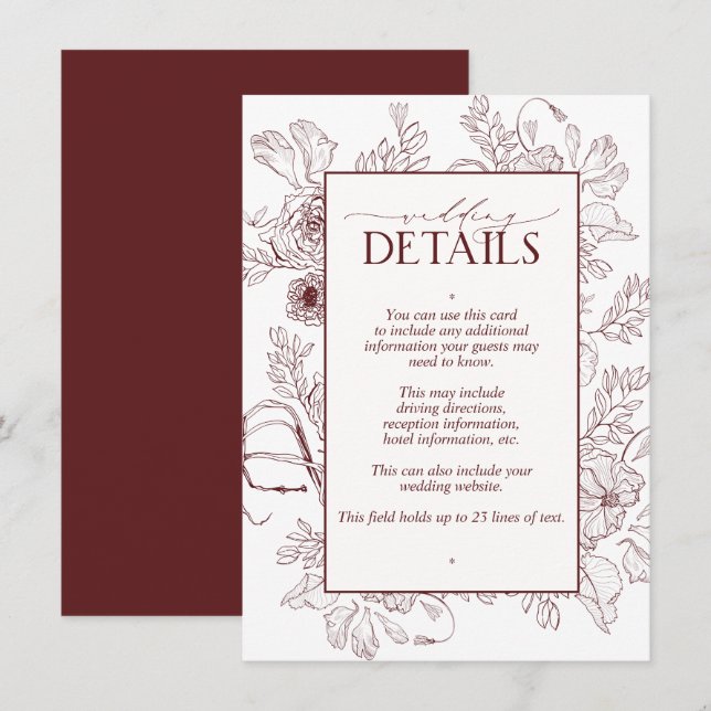 Carte D'accompagnement Elégant Bourgogne Floral Line Art Détails Mariage (Devant / Derrière)