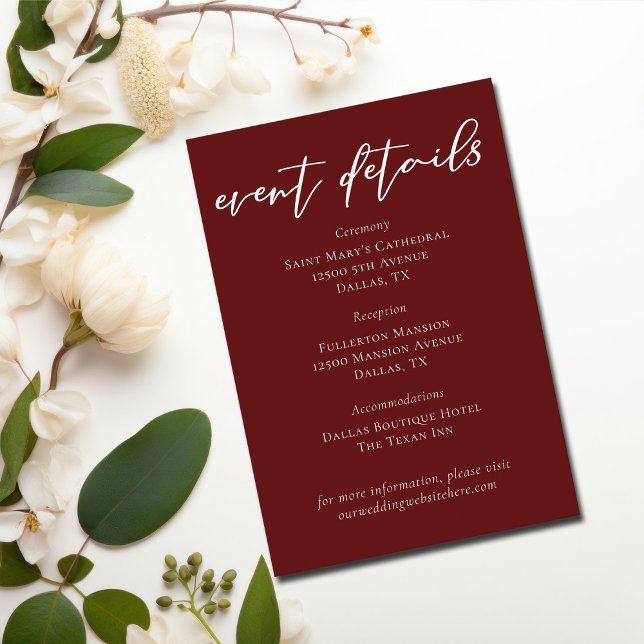 Carte D'accompagnement Elegant Bourgogne Typographie Mariage Détails de l (Créateur téléchargé)