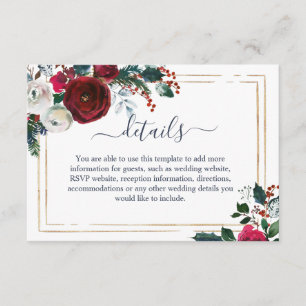 Carte D'accompagnement Elegant Bourgogne Winter Roses Détails Mariage