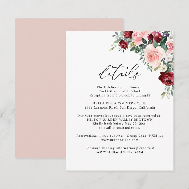 Carte D'accompagnement Elégant Burgundy Blush Floral Détails du Mariage (Devant / Derrière)