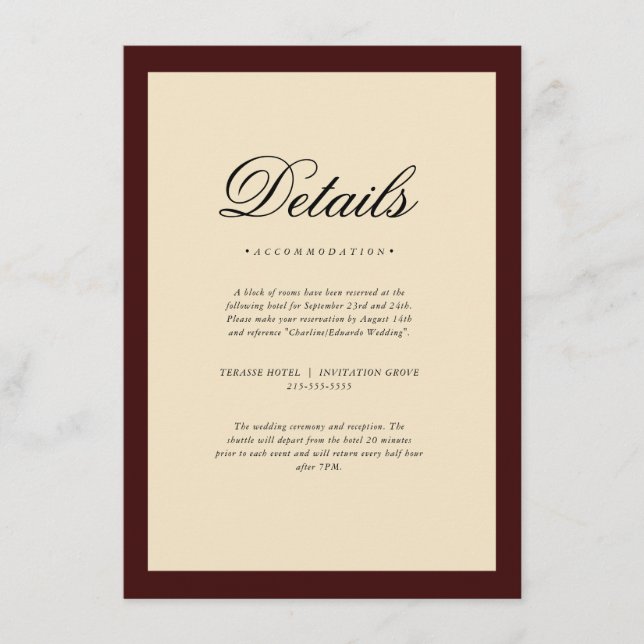 Carte D'accompagnement Elegant Burgundy Frame Wedding Details (Devant)