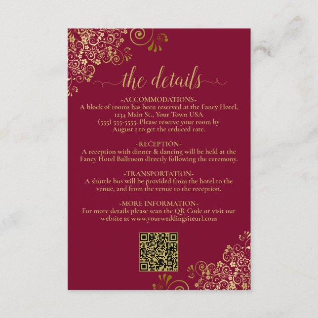 Carte D'accompagnement Elegant Burgundy & Gold Mariage QR Code Détails (Devant)
