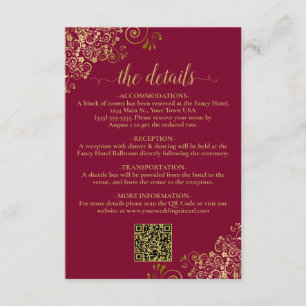 Carte D'accompagnement Elegant Burgundy & Gold Mariage QR Code Détails
