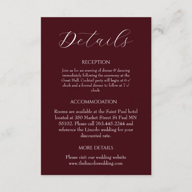 Carte D'accompagnement Elegant Burgundy Minimalist Wedding (Devant)