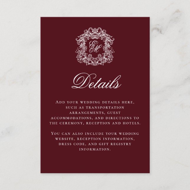 Carte D'accompagnement Elegant Burgundy Monogram Crest Wedding Details (Devant)