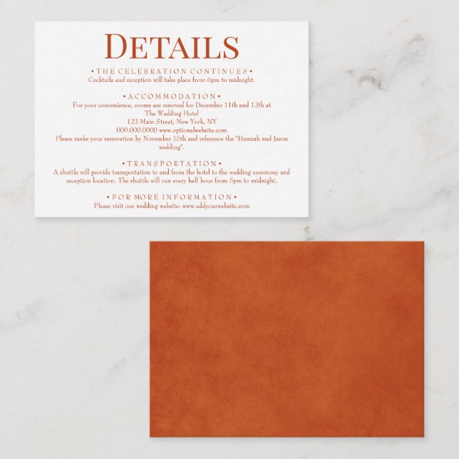 Carte D'accompagnement Elegant Burnt Orange Détails du Mariage (Devant / Derrière)
