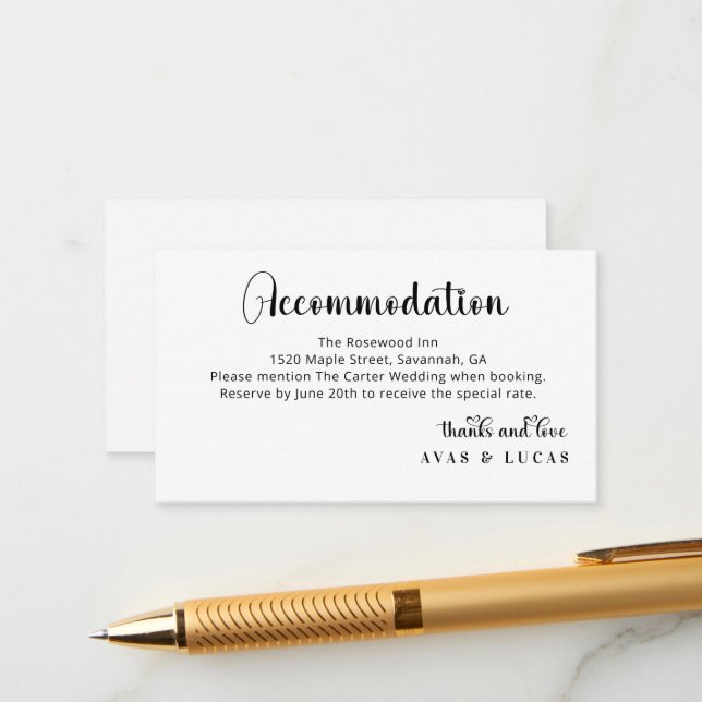Carte D'accompagnement Elegant Calligraphy Script Wedding Accommodations (Devant/Arrière en situation)