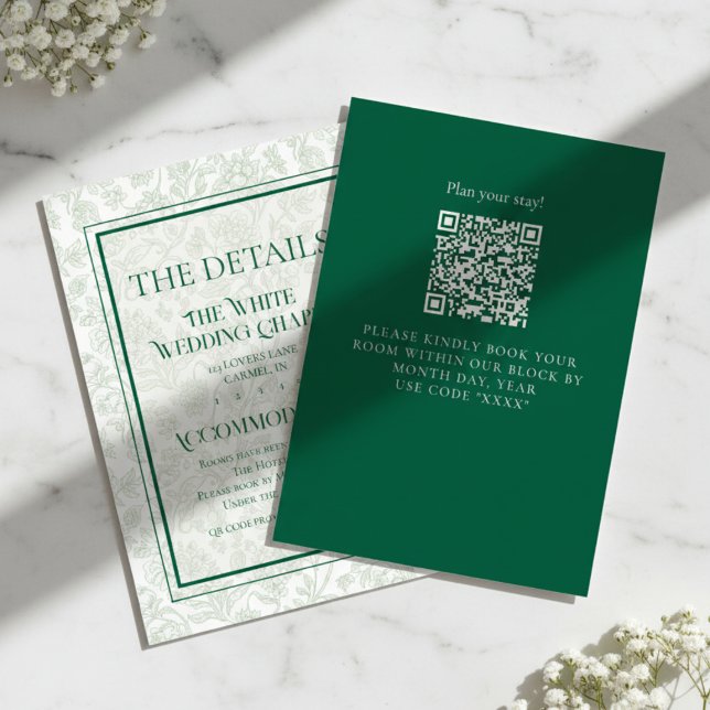 Carte D'accompagnement Élégant carton de détails de mariage avec code QR  (Formally invite guests to your big day with this Elegant Floral Toile QR Code Wedding Details Card!)