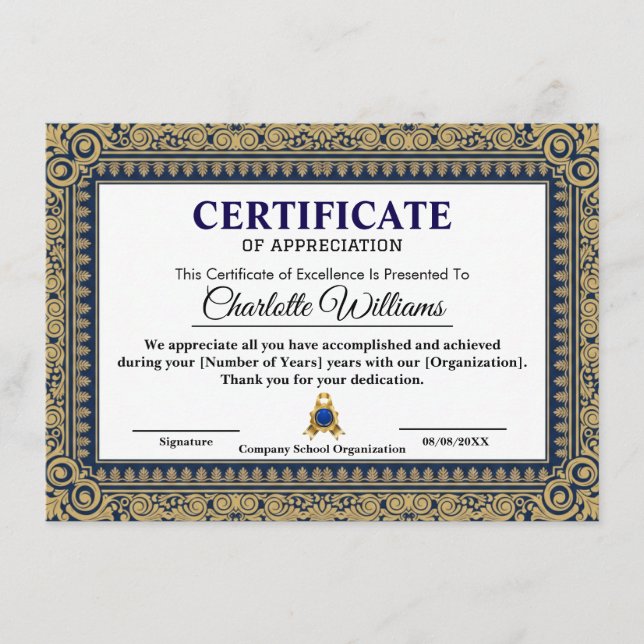 Carte D'accompagnement Elegant Certificate of Appreciation Blue Gold (Devant)