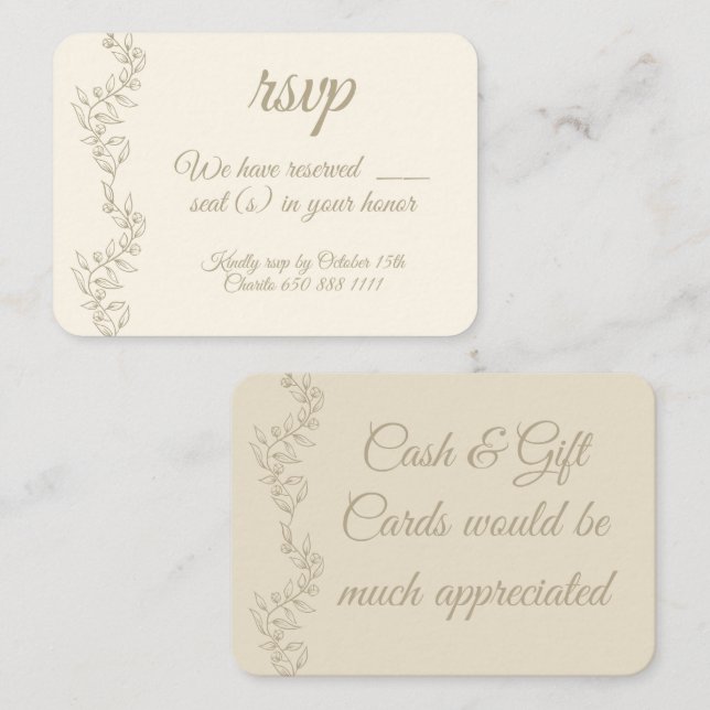 Carte D'accompagnement Elégant Champagne Nombre de sièges RSVP Cadeaux en (Devant / Derrière)