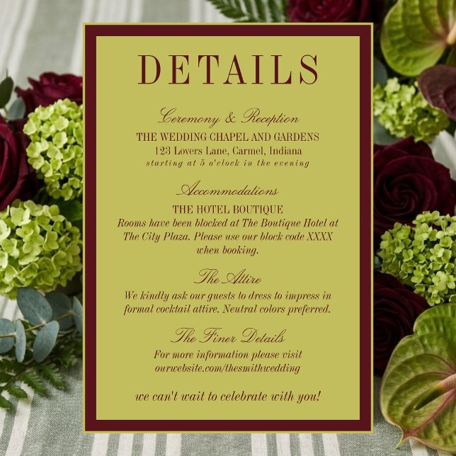 Carte D'accompagnement Elegant Chartreuse Burgundy Wedding Details (Elegant Chartreuse Burgundy Wedding Details Enclosure Card)