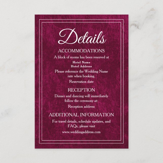 Carte D'accompagnement Elegant Classic Burgundy Berry Wedding Details (Devant)