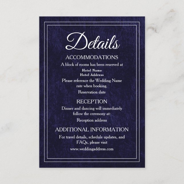 Carte D'accompagnement Elegant Classic Navy Blue Velvet Wedding Details (Devant)