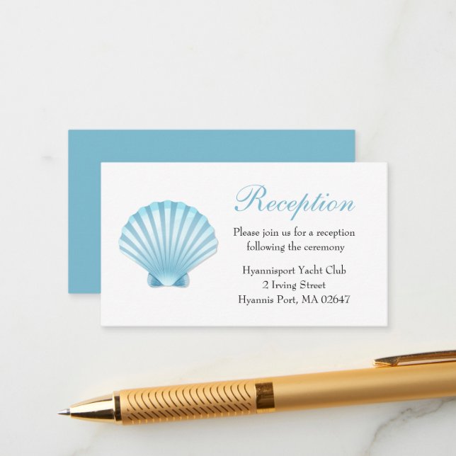 Carte D'accompagnement Elégant Coastal Shells Blue Wedding Réception (Devant/Arrière en situation)