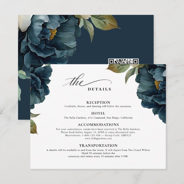 Carte D'accompagnement Élégant Code de Mariage Bleu Marine Botanique RQ R (Devant / Derrière)