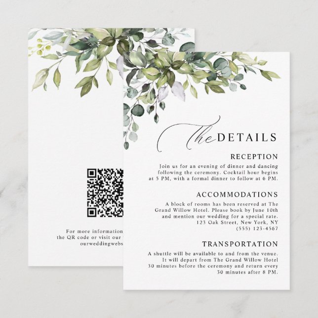 Carte D'accompagnement Élégant Code QR Botanique Eucalyptus Mariage (Devant / Derrière)