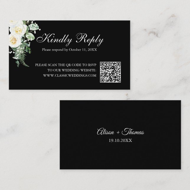 Carte D'accompagnement Élégant Code QR de réponse de mariage floral minim (Devant / Derrière)