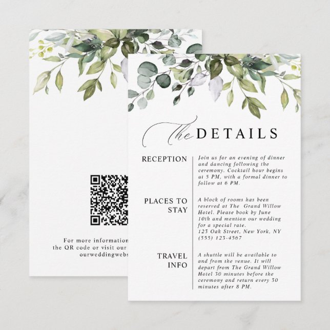 Carte D'accompagnement Élégant Code QR Eucalyptus Mariage Botanique (Devant / Derrière)