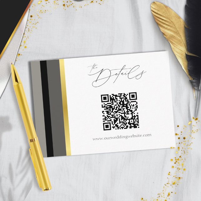Carte D'accompagnement Élégant Code QR Mariage Rayure Noir Gris Or (Créateur téléchargé)
