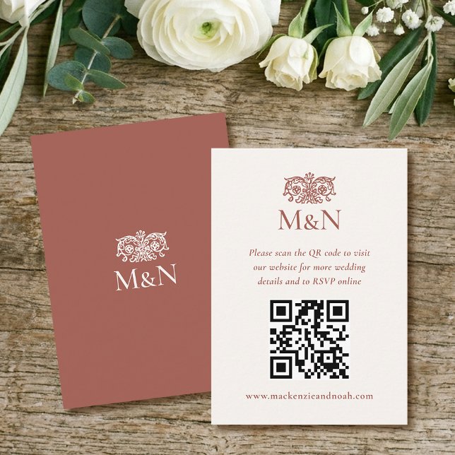 Carte D'accompagnement Élégant Code QR Monogramme de Mariage Terracotta R (Créateur téléchargé)
