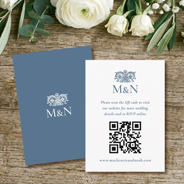 Carte D'accompagnement Élégant Code QR Monogramme Mariage RSVP Bleu Blanc (Créateur téléchargé)