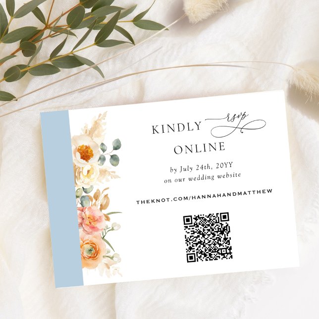 Carte D'accompagnement Elégant code QR RSVP Peach et Mariage bleu (Créateur téléchargé)