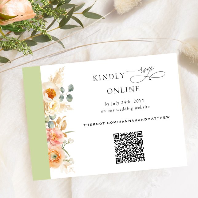 Carte D'accompagnement Elégant code QR RSVP Peach et Mariage vert (Créateur téléchargé)