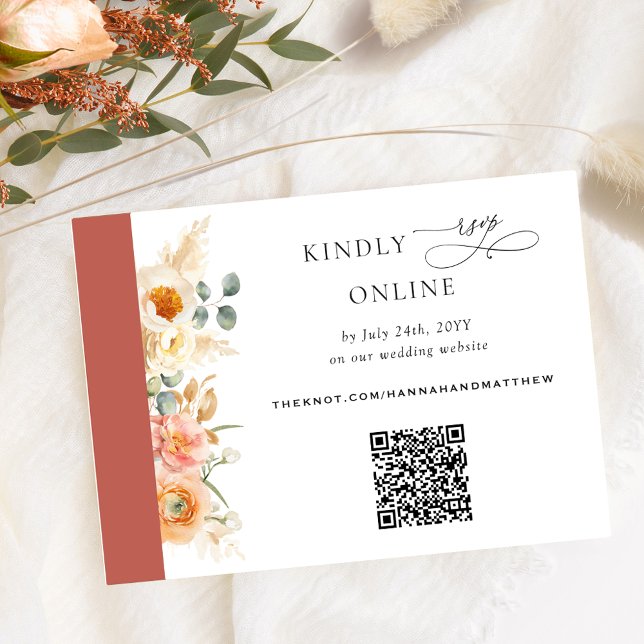 Carte D'accompagnement Elégant code QR RSVP Peach et Rust Orange Mariage (Créateur téléchargé)