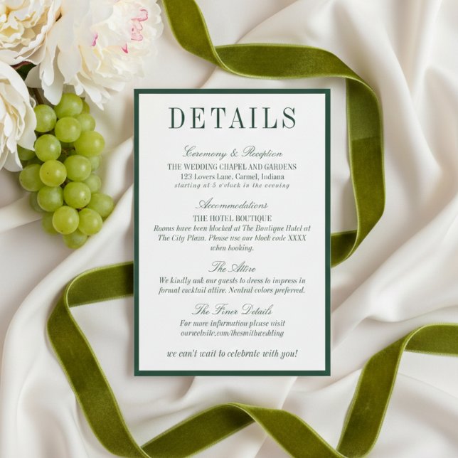 Carte D'accompagnement Elegant Dark Green Minimalist Wedding Details (Elegant Dark Green Minimalist Wedding Details Enclosure Card)
