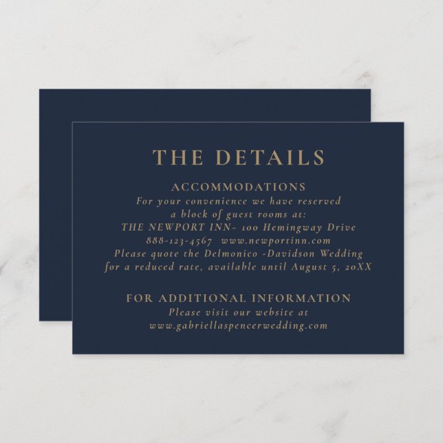 Carte D'accompagnement Elegant Dark Navy Blue Gold Détails du Mariage (Devant / Derrière)