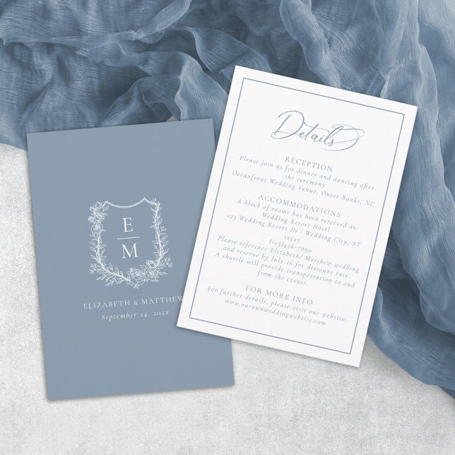 Carte D'accompagnement Elégant Dusty Blue Floral Crest Détails du Mariage (Créateur téléchargé)