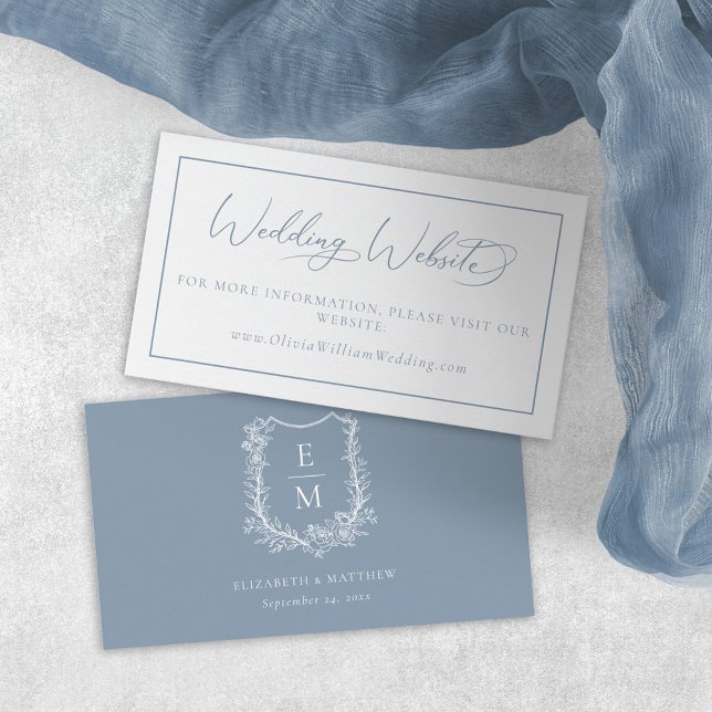 Carte D'accompagnement Elégant Dusty Blue Floral Crest Mariage site Web (Créateur téléchargé)