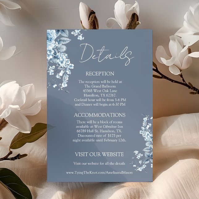 Carte D'accompagnement Elegant Dusty Blue Floral Details Wedding (Elegant Dusty Blue Floral Details Wedding Enclosure Card)